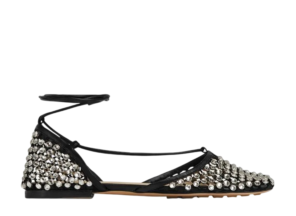 ボッテガヴェネタ ウィメンズ スパークル ストレッチ レースアップ フラットサンダル "ブラック/クリスタル"