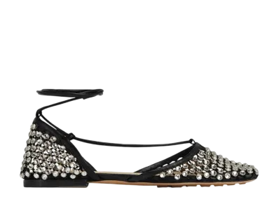 Bottega Veneta Women's Sparkle Stretch Lace Up Flat Sandal "Black/Crystal"