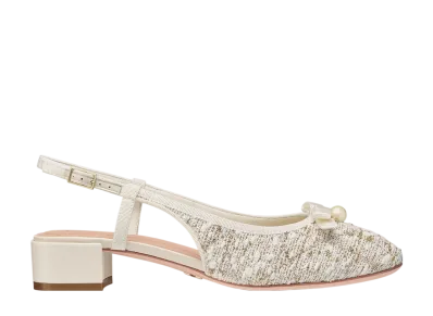 Dior Or Women's Ballet Slingback Pumps Cannage Tweed "White/Gold"