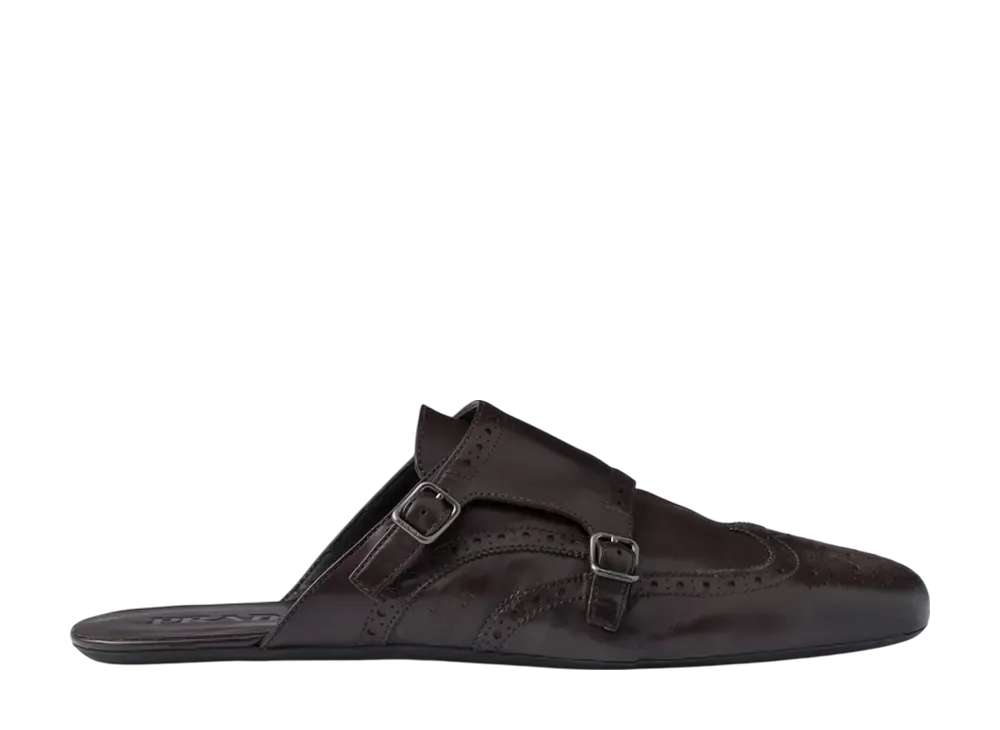 プラダ シャッフル アンティークレザー ダブルモンクストラップ ミュール "ダークブラウン"