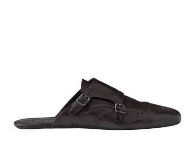 PRADA Shuffle Antiqued Leather Mules With Buckled Strap and Fringe "Dark Brown"