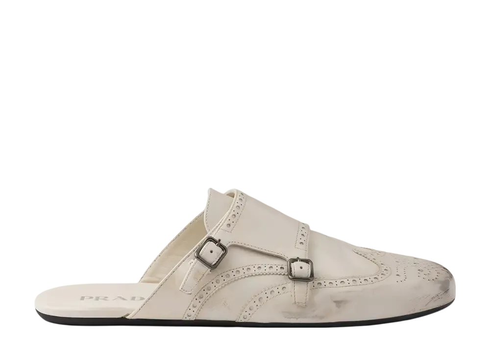 プラダ シャッフル アンティークレザー ダブルモンクストラップ ミュール "オフホワイト"