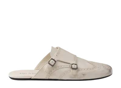 PRADA Shuffle Antiqued Leather Double Monk Strap Mules "Off White"