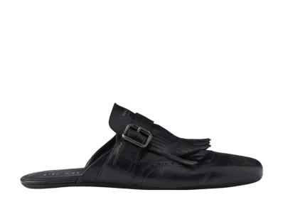 PRADA Shuffle Antiqued Leather Mules With Buckled Strap and Fringe "Black"