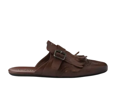 PRADA Shuffle Antiqued Leather Mules With Buckled Strap and Fringe "Cognac"