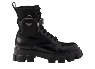 PRADA Monolith Brushed Leather and Re-Nylon Boots with Pouch "Black"