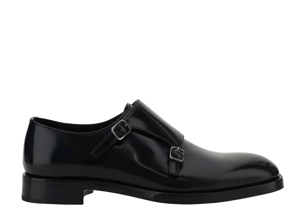 プラダ ブラッシュドレザー ダブルモンクストラップ シューズ "ブラック"