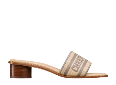 Dior Women's Dioriviera Dway Heeled Slide Raffia & Embroidered Cotton "Beige"