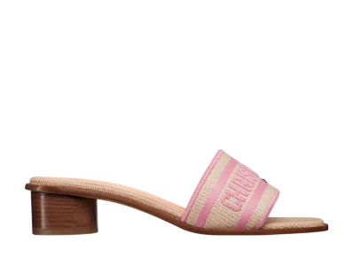 Dior Women's Dioriviera Dway Heeled Slide Raffia & Embroidered Cotton "Begonia Pink"