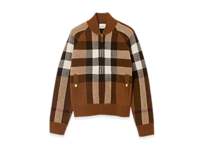 Burberry Check Wool Cashmere Bomber Jacket "Dark Birch Brown"