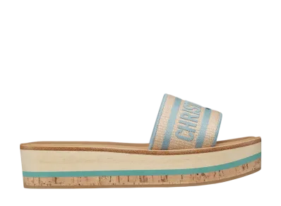 Dior Women's Dioriviera Dway Platform Slide Raffia & Embroidered Cotton "Sky Blue"