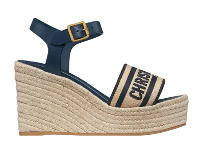 Dior Women's Dway Wedge Sandal Calfskin Raffia Cotton "Deep Blue"