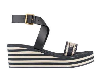 Dior Women's Dway Wedge Sandal Embroidered Cotton "Deep Blue"