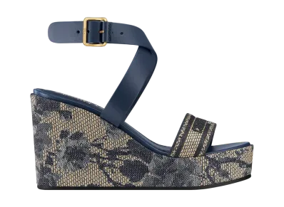 Dior Women's Dway Wedge Sandal Calfskin Dior Pivoine Jacquard Embroidered Raffia "Denim Blue"