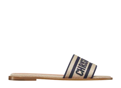Dior Women's Dway Slide Raffia & Embroidered Cotton "Natural/Deep Blue"