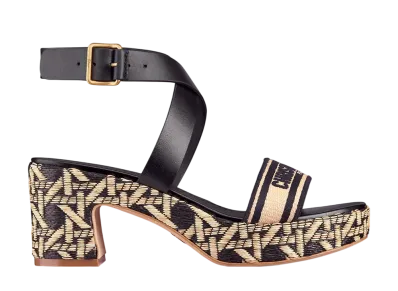 Dior Women's Dway Heel Sandal Raffia Embroidered Cotton "Black"