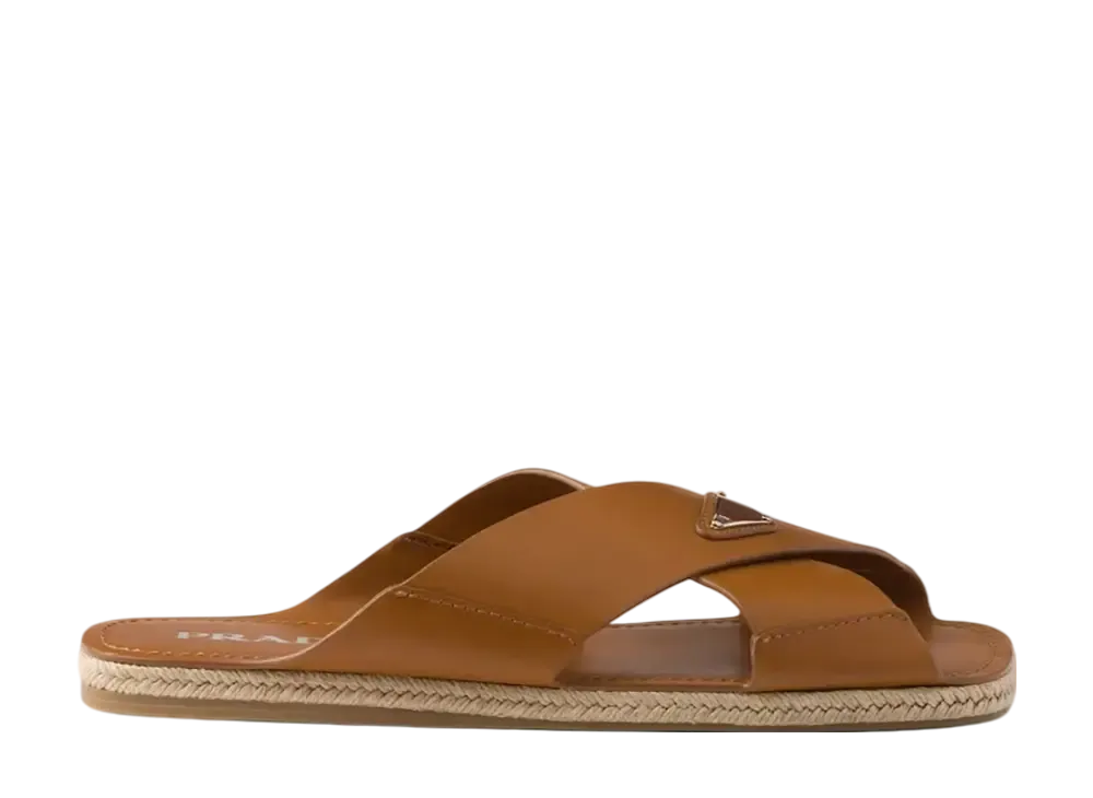 プラダ レザー クリスクロス スライドサンダル "ブラウン"