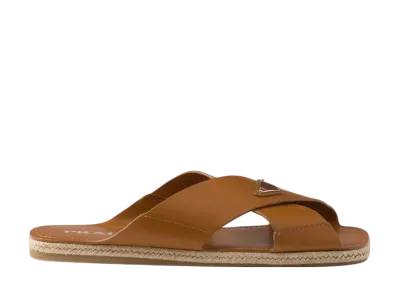 PRADA Crisscross Leather Slides "Brown"