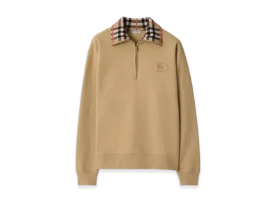 Burberry Check Collar Cotton Half-zip Sweatshirt "Flax"