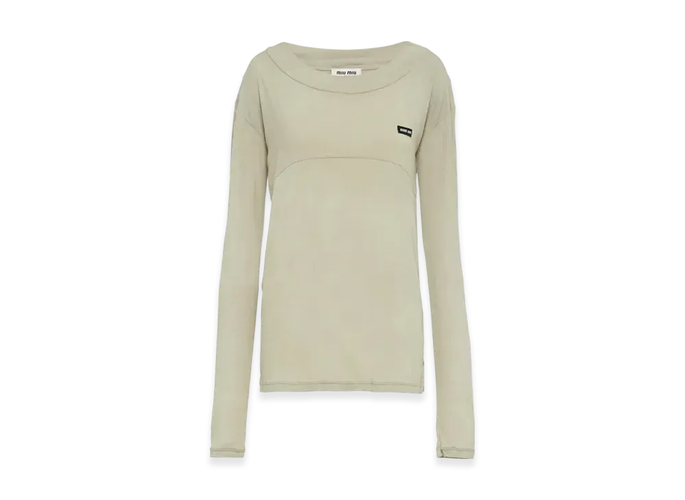 MIU MIU Women's Garment Dyed Ribbed Knit Jersey Long Sleeve T-Shirt "Pumice Stone"