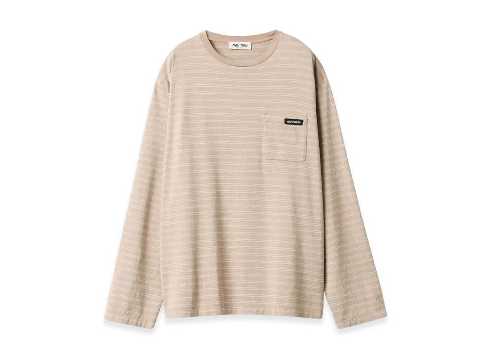 MIU MIU Women's Long-Sleeve Cotton Jersey T-Shirt "Cameo Beige/White"