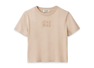 MIU MIU Embroidered Logo Garment-Dyed Jersey T-Shirt "Albino White"