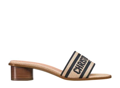 Dior Women's Dway Heel Slide Raffia & Embroidered Cotton "Natural/Deep Blue"
