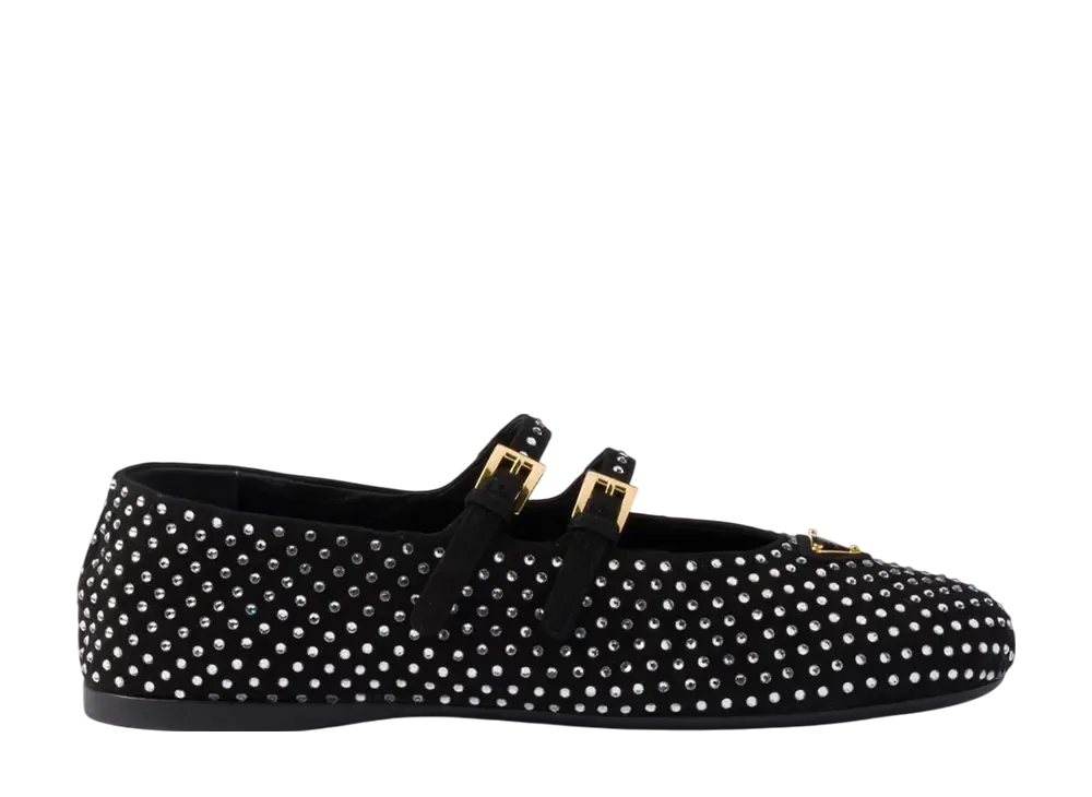 プラダ ウィメンズ クリスタル付 スエード バレリーナ "クリスタル"