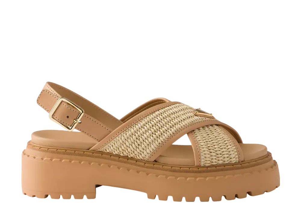 プラダ ウィメンズ クロシェxレザー サンダル "ベージュ"