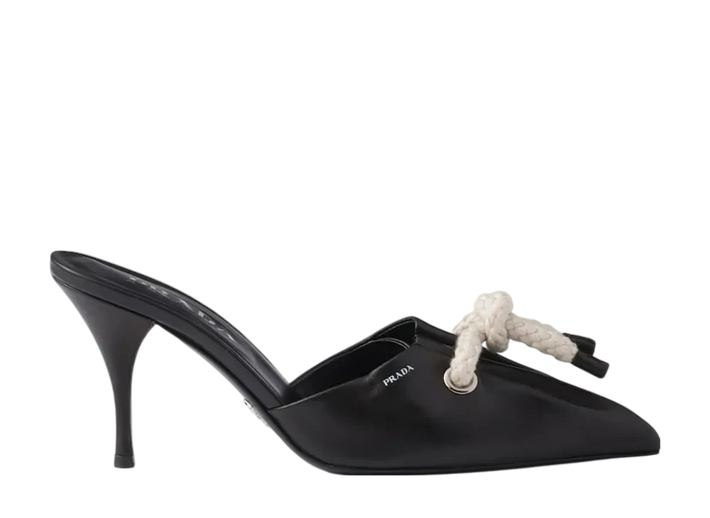 PRADA Women's Nappa Leather Mules with Cord Detail "Black/Off White"