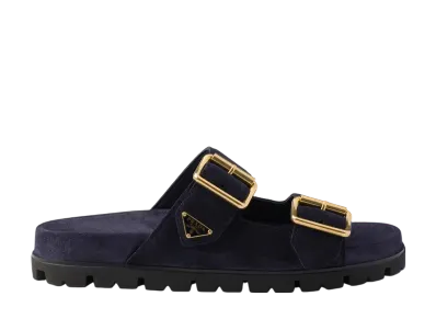 PRADA Women's Suede Strap Slides "Navy"