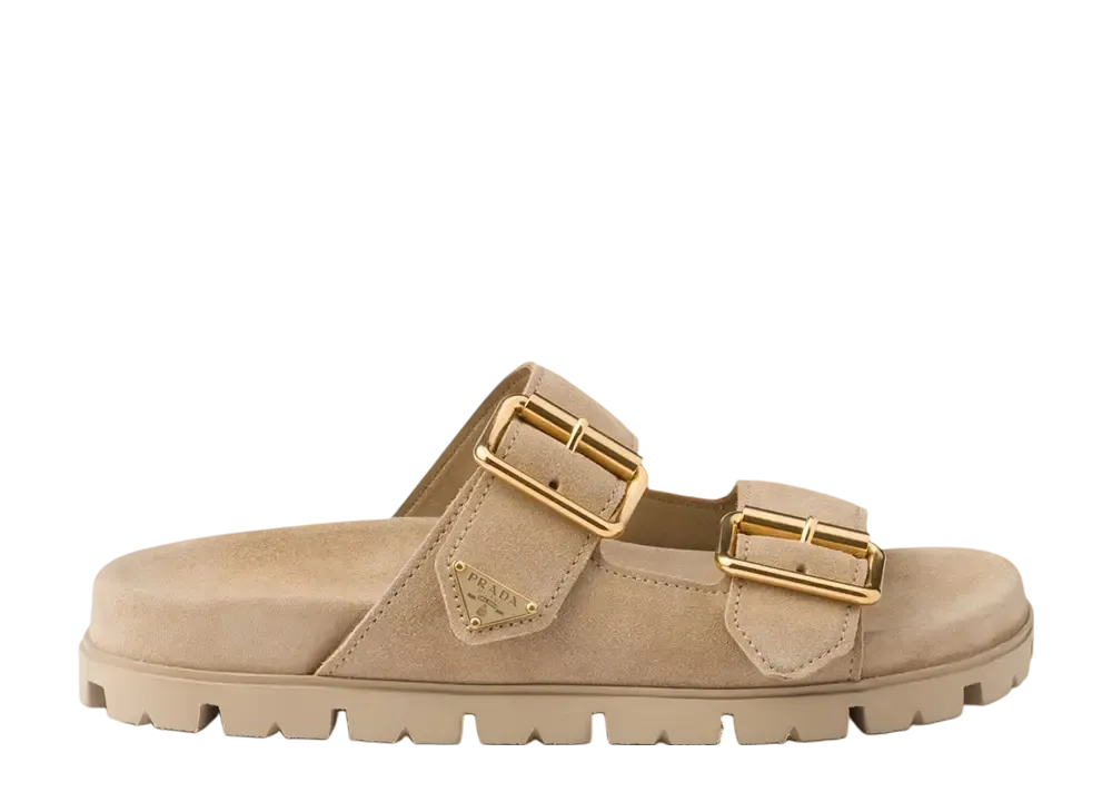 PRADA Women's Suede Strap Slides "Beige"