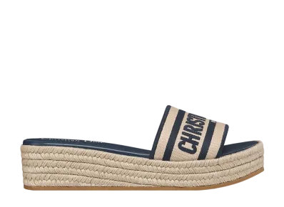 Dior Women's Dway Platform Slide Raffia & Embroidered Cotton "Natural/Deep Blue"