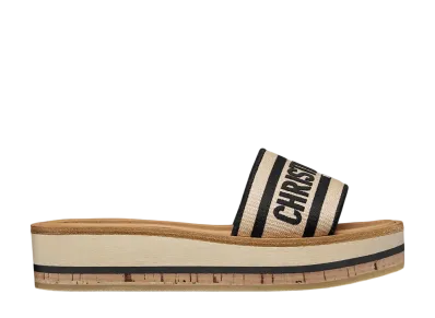 Dior Women's Dway Platform Slide Raffia & Embroidered Cotton "Natural/Black"