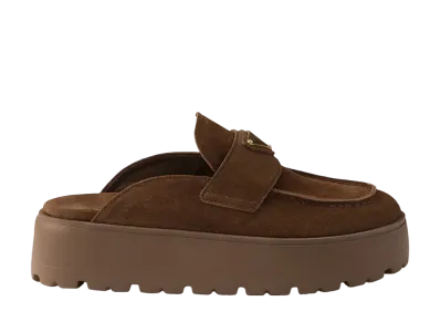 PRADA Women's Suede Flatform Mules "Dark Brown"