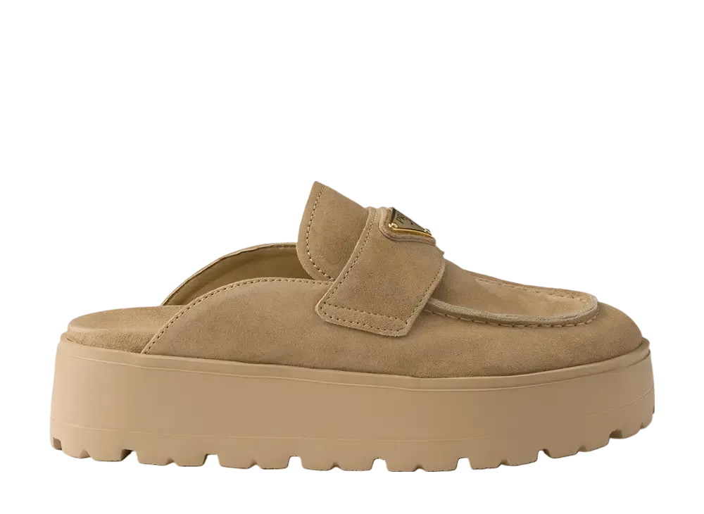 PRADA Women's Suede Flatform Mules "Beige"