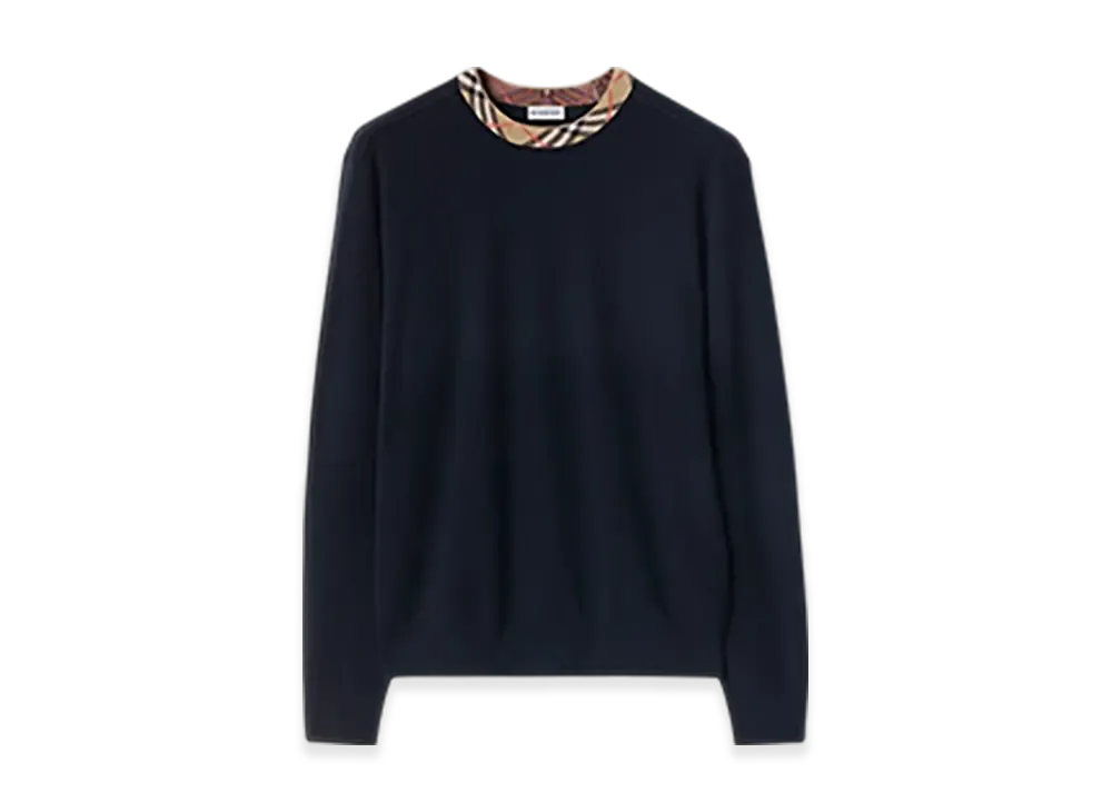Burberry Check Trim Wool Sweater "Navy"