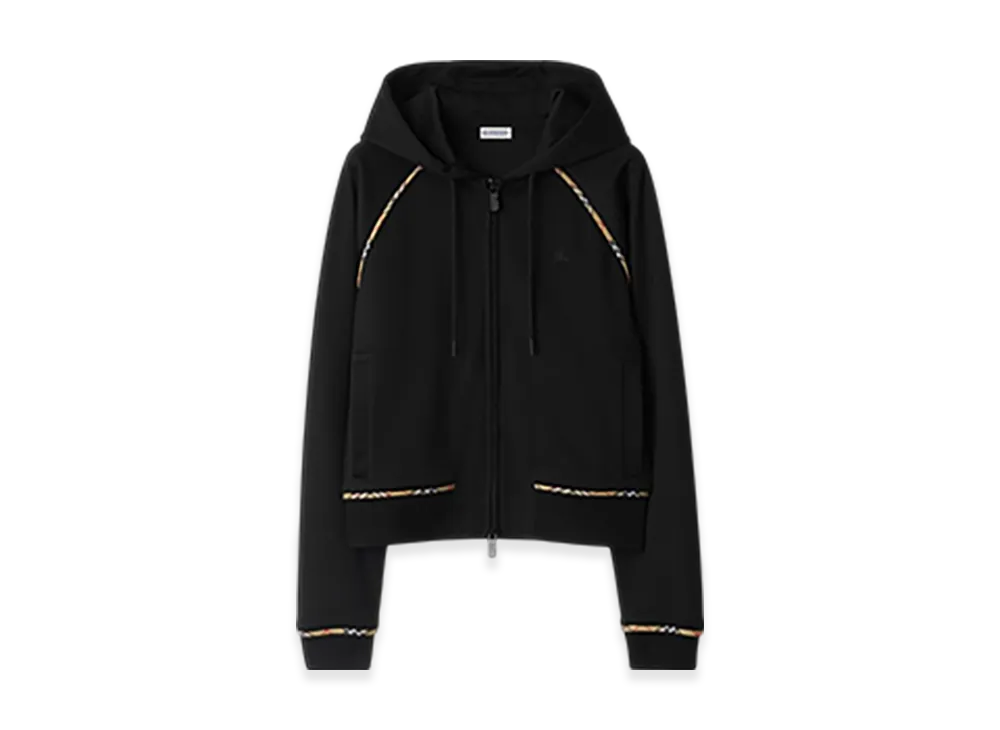 Burberry Check Trim Cotton Blend Zip Hoodie "Black"