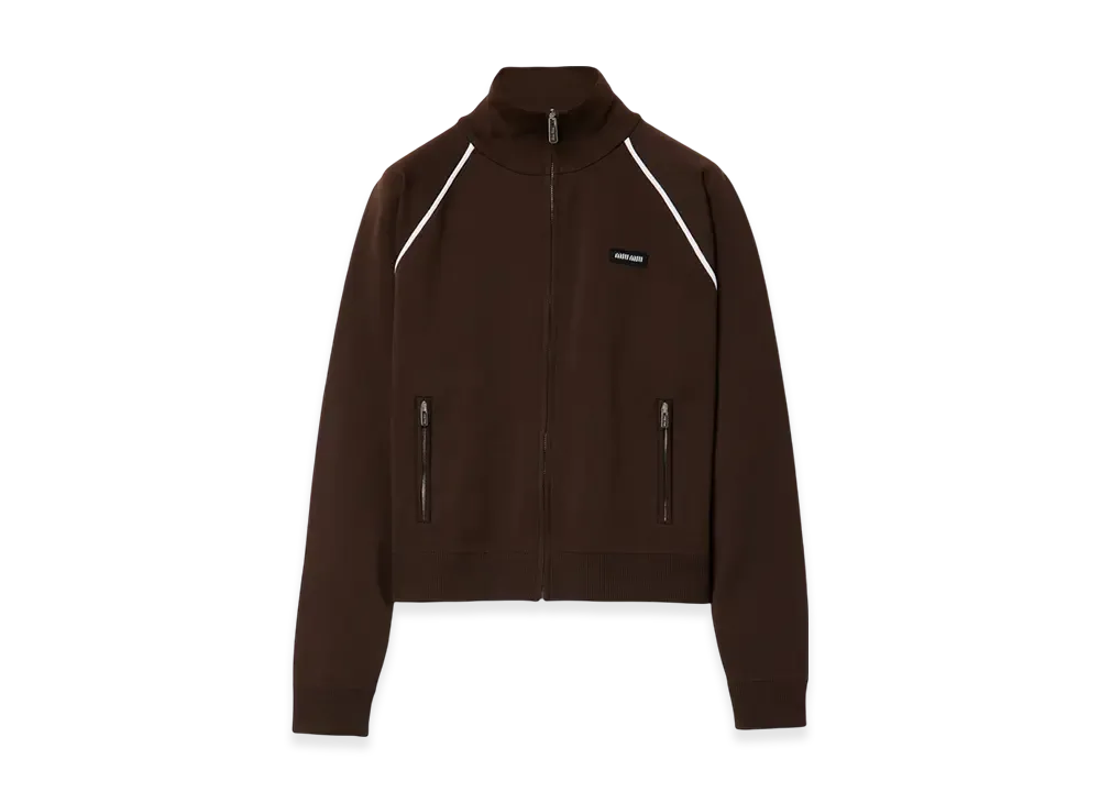 MIU MIU Women's Technical Yarn Zip Cardigan "Dark Brown/White"