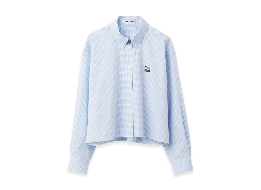 MIU MIU Women's Gingham Check Raw Cut Poplin Shirt "White/Light Blue"