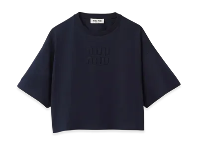 MIU MIU Women's Cotton Jersey T-Shirt with Embroidered Logo "Blue"