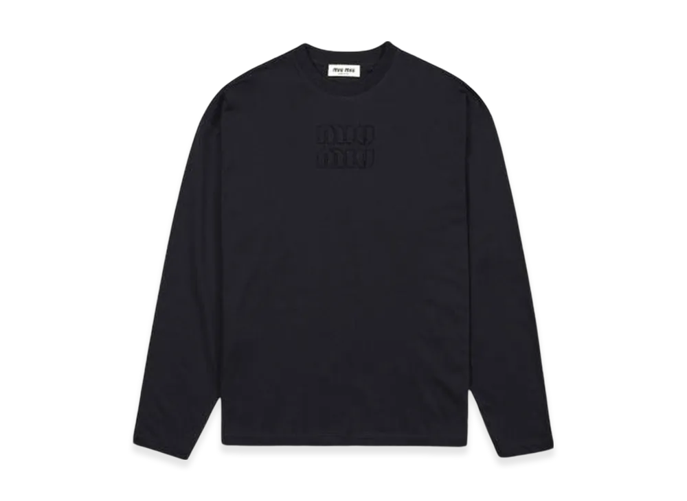 MIU MIU Women's Long Sleeve Cotton T-Shirt with Embroidered Logo "Black"