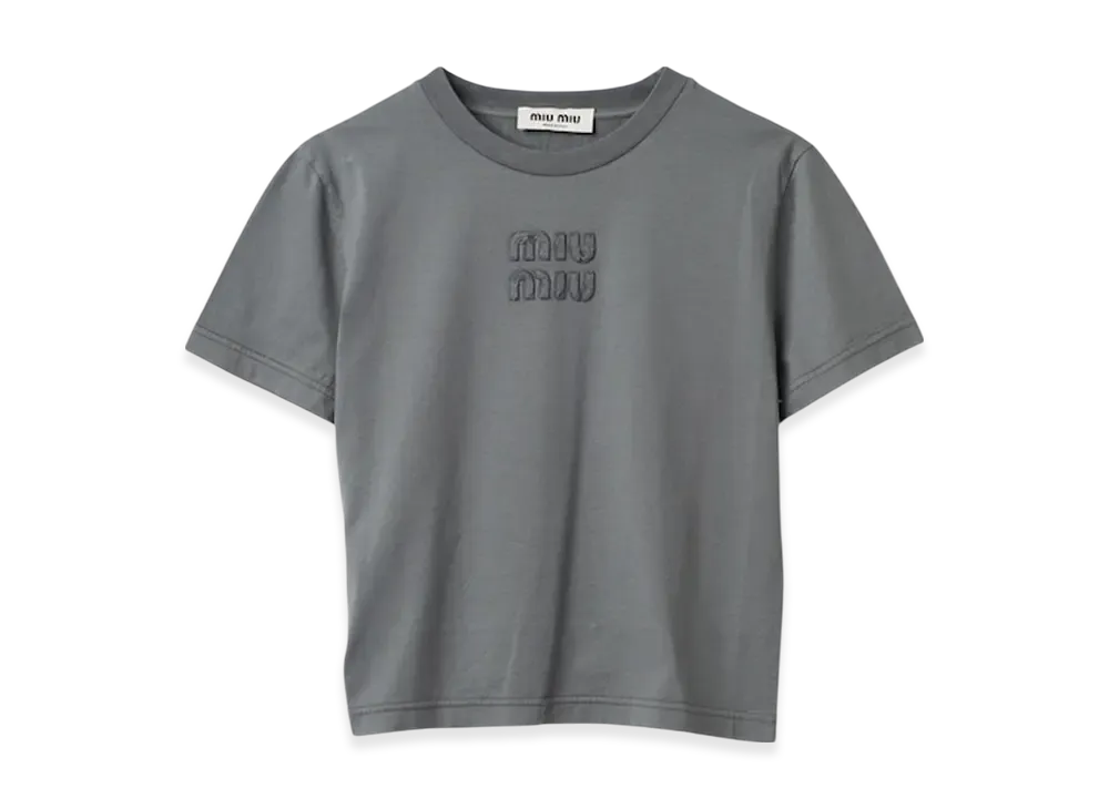 MIU MIU Women's Garment Dyed Jersey T-Shirt with Embroidered Logo "Iron Gray"