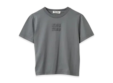 MIU MIU Women's Garment Dyed Jersey T-Shirt with Embroidered Logo "Iron Gray"