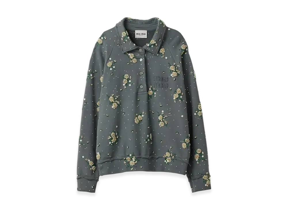 MIU MIU Women's Garment Dyed Cotton Fleece Sweatshirt with Embroidered Logo "Iron Gray"