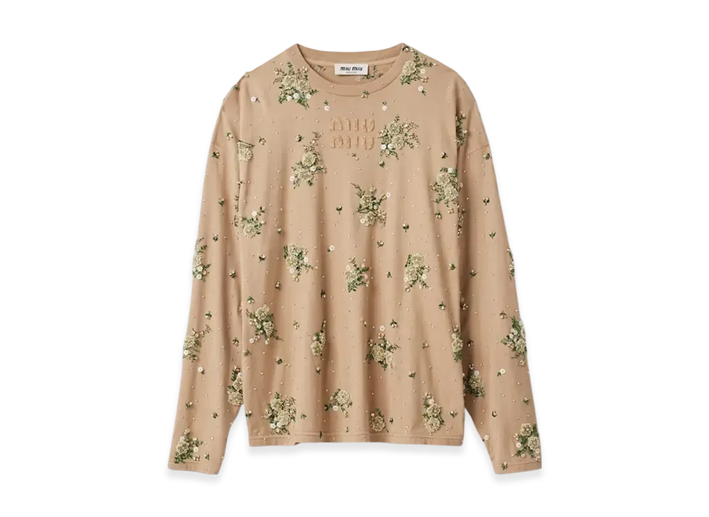 MIU MIU Women's Garment Dyed Long Sleeve Jersey T-Shirt with Embroidery "Cord"