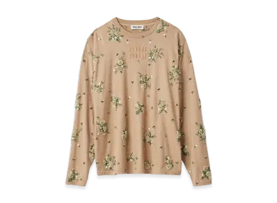 MIU MIU Women's Garment Dyed Long Sleeve Jersey T-Shirt with Embroidery "Cord"