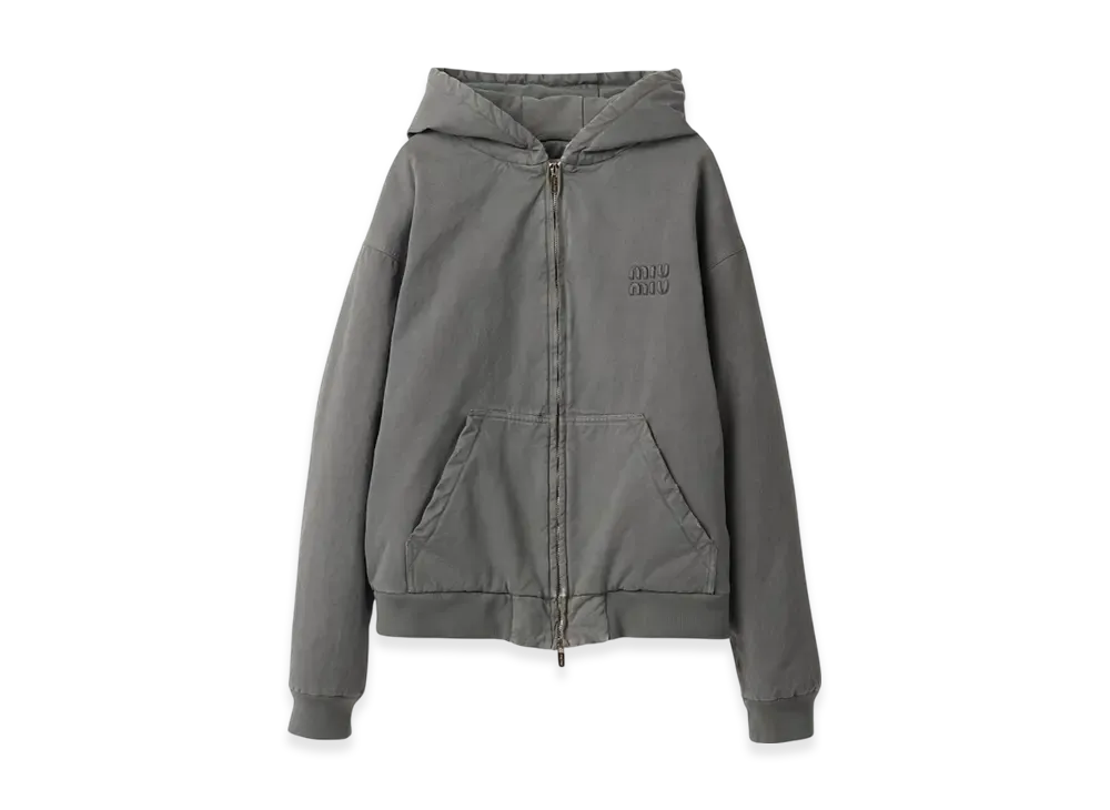 MIU MIU Women's Garment Dyed Blouson Jacket with Embroidered Logo "Iron Gray"