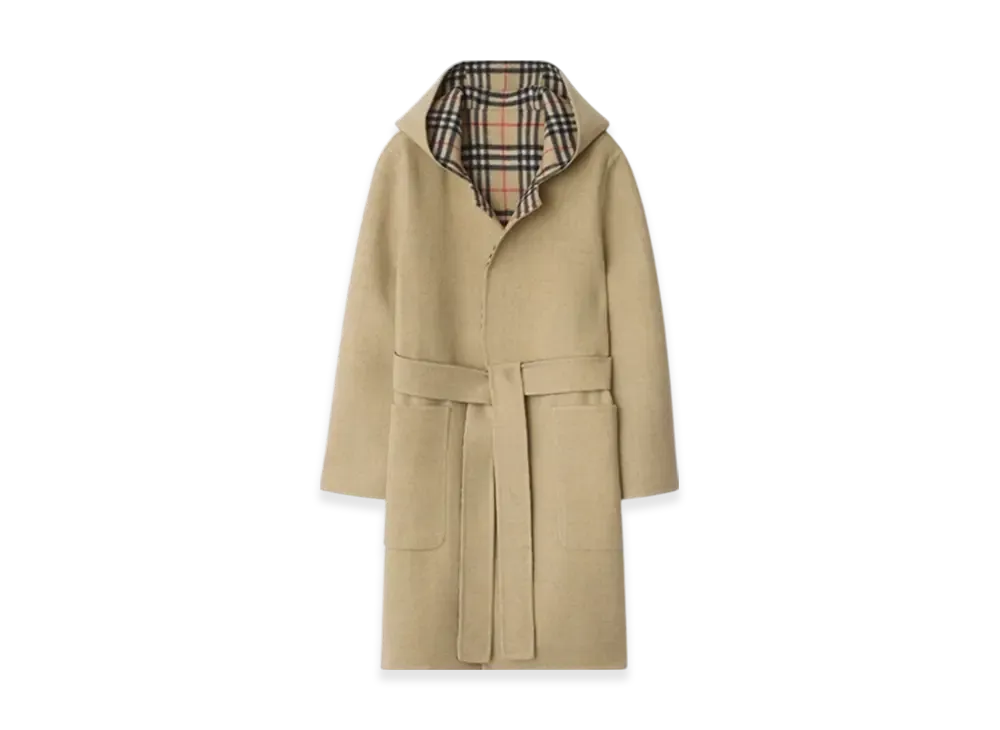 Burberry Reversible Wool Hooded Wrap Coat "Sand"