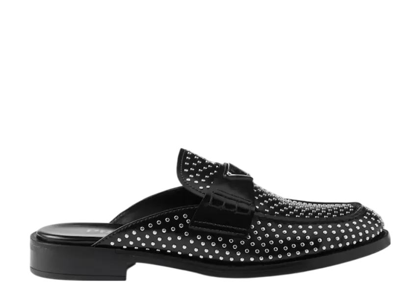 PRADA Women's Studded Brushed Leather Mules PRADA Women's Studded Brushed Leather Mules